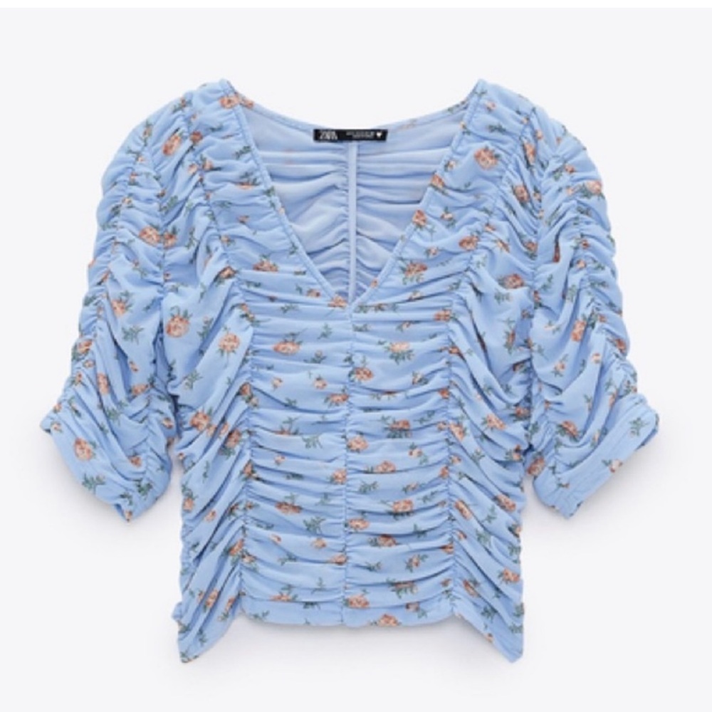 $5 CLEAR OUT CLOSET Zara Tulle Blue Floral Print Top Blouse  Size XS Ruched